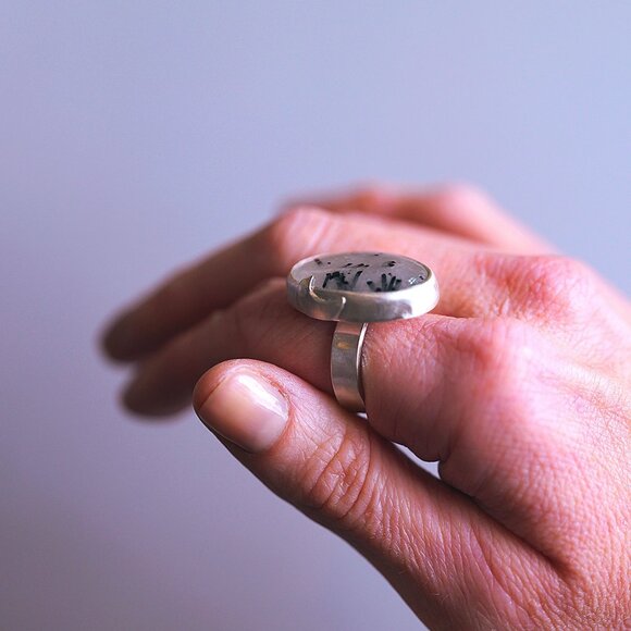 Tourmalinated Quartz Crescent Moon Ring SZ 7.5 Handmade by Me Sterling Silver - Picture 6 of 7